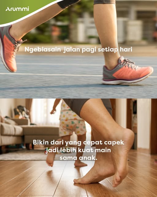 A runner's orange shoes on a morning road. The caption in the photo reads: Ngebiasain jalan pagi setiap hari.